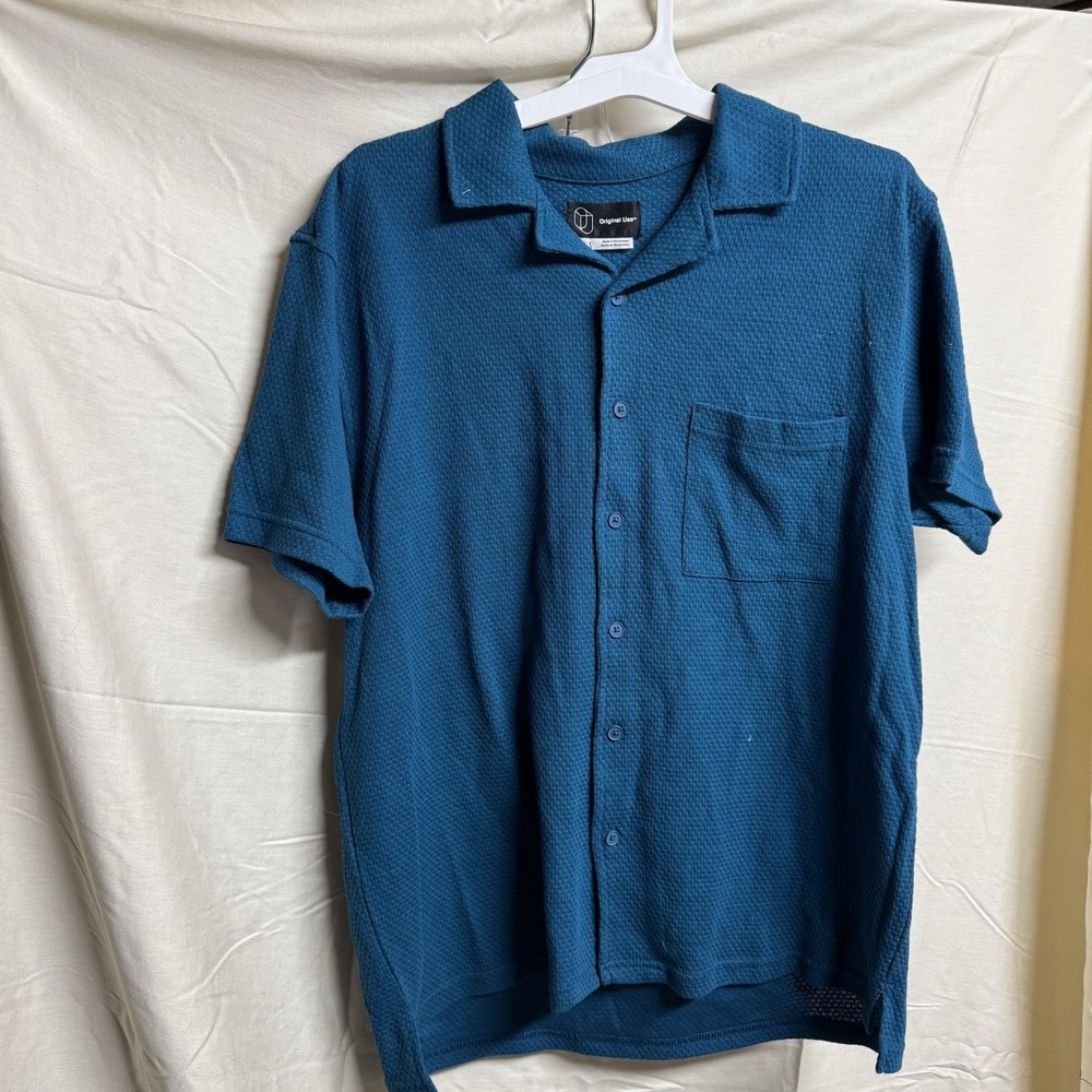 NWT Original Use Men's Knit Fabric  Short Sleeve Button Down Shirt  Teal Size L